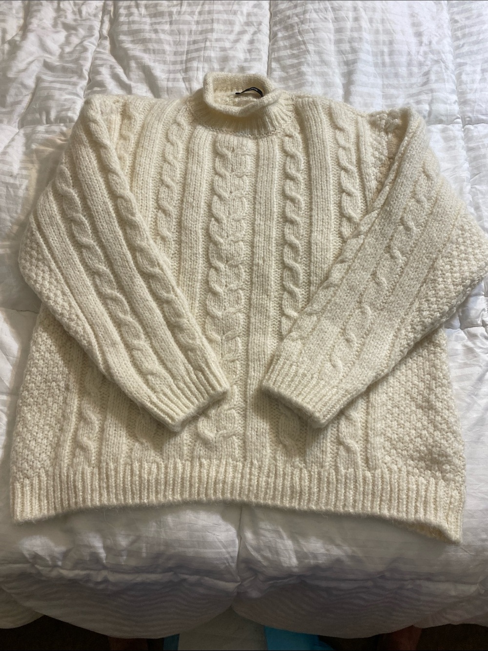 Mango Off-White Cable Knit Mock Neck Over Sized Sweater